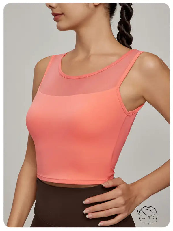 Beauty Back Mesh Workout Top: sleeveless peach crop with mesh yoke