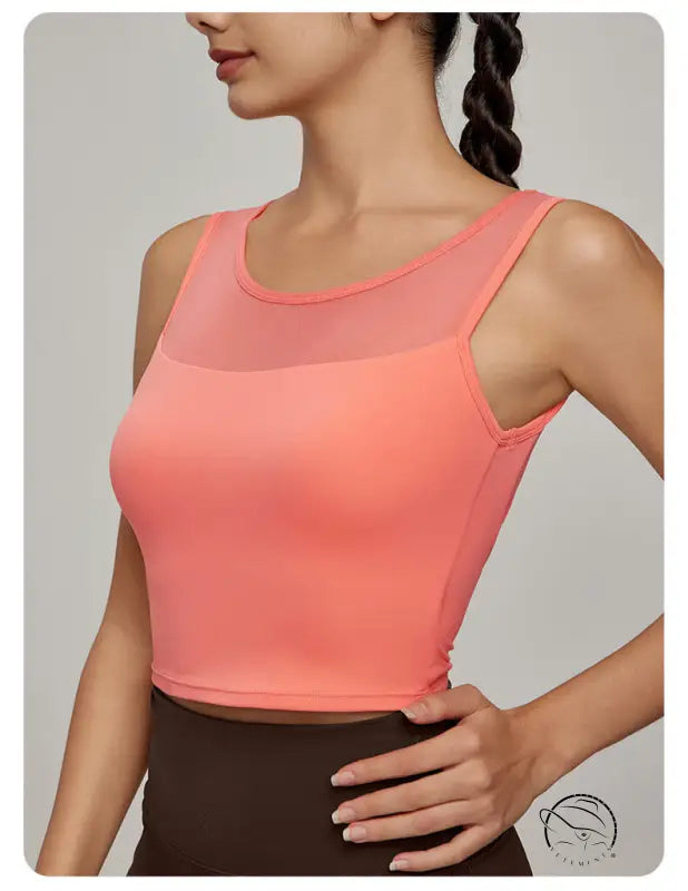 Beauty Back Mesh Workout Top: sleeveless peach crop with mesh yoke