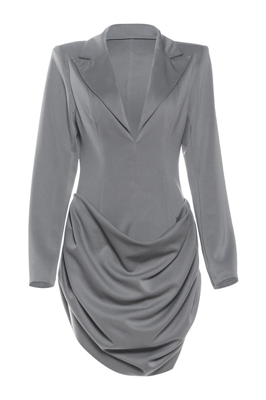 Langry fashion slim deep V plunge neck gray blazer dress with long sleeves and lapel collar