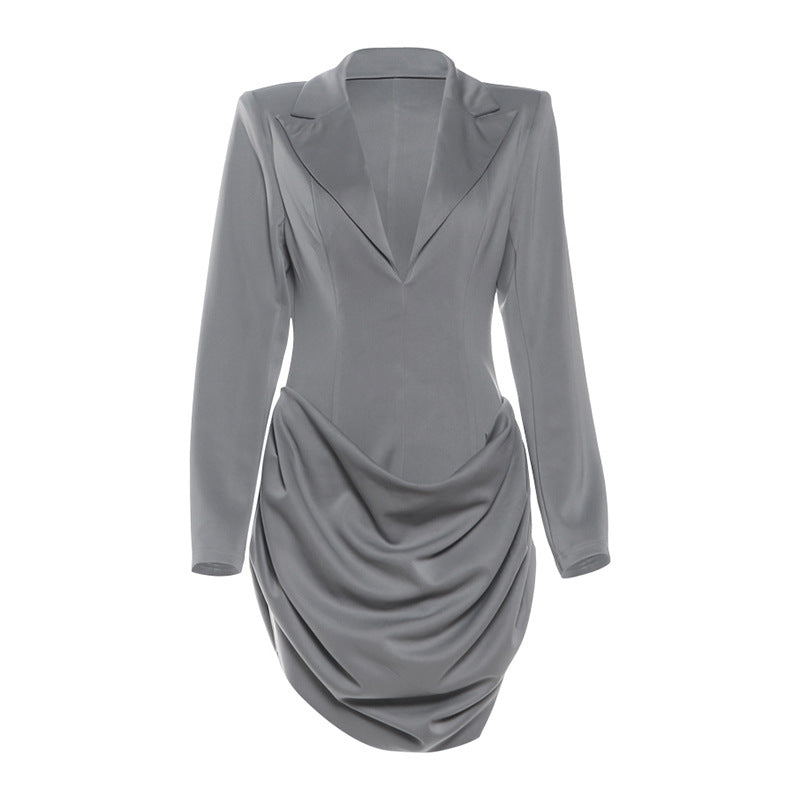 Langry fashion slim deep V plunge neck gray blazer dress with long sleeves and lapel collar
