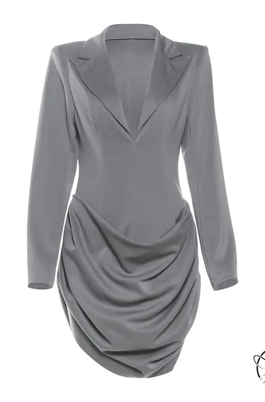 Slim deep V plunge neck gray blazer dress with long sleeves and lapel collar