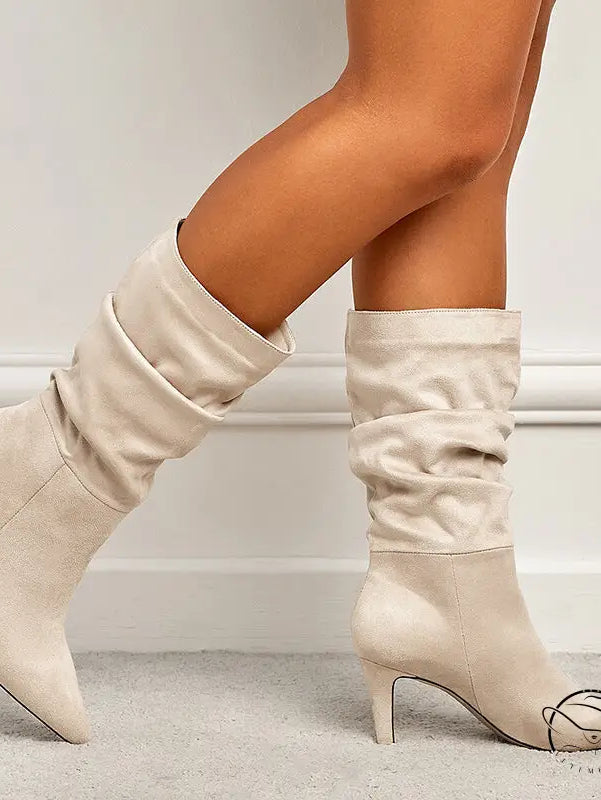 Spring Catwalk Wrinkled Surface Slip on Suede Stiletto Heel Women High Boots