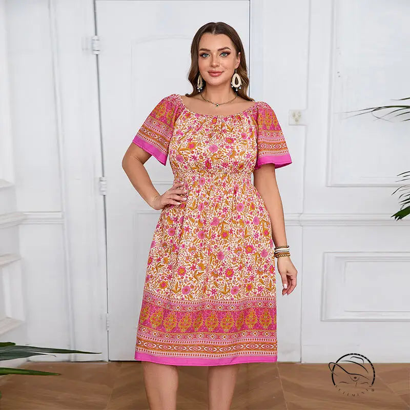 Elegant bohemian dress: knee-length off-shoulder floral with smocked bodice