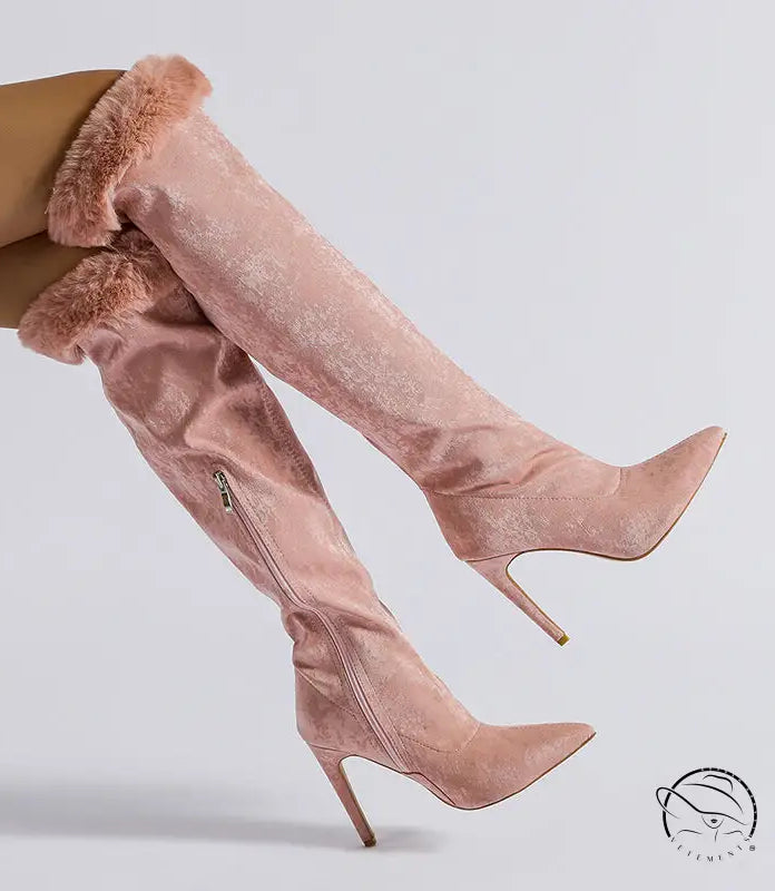 Pink heel high leg boot with fur-trimmed thigh-high stiletto