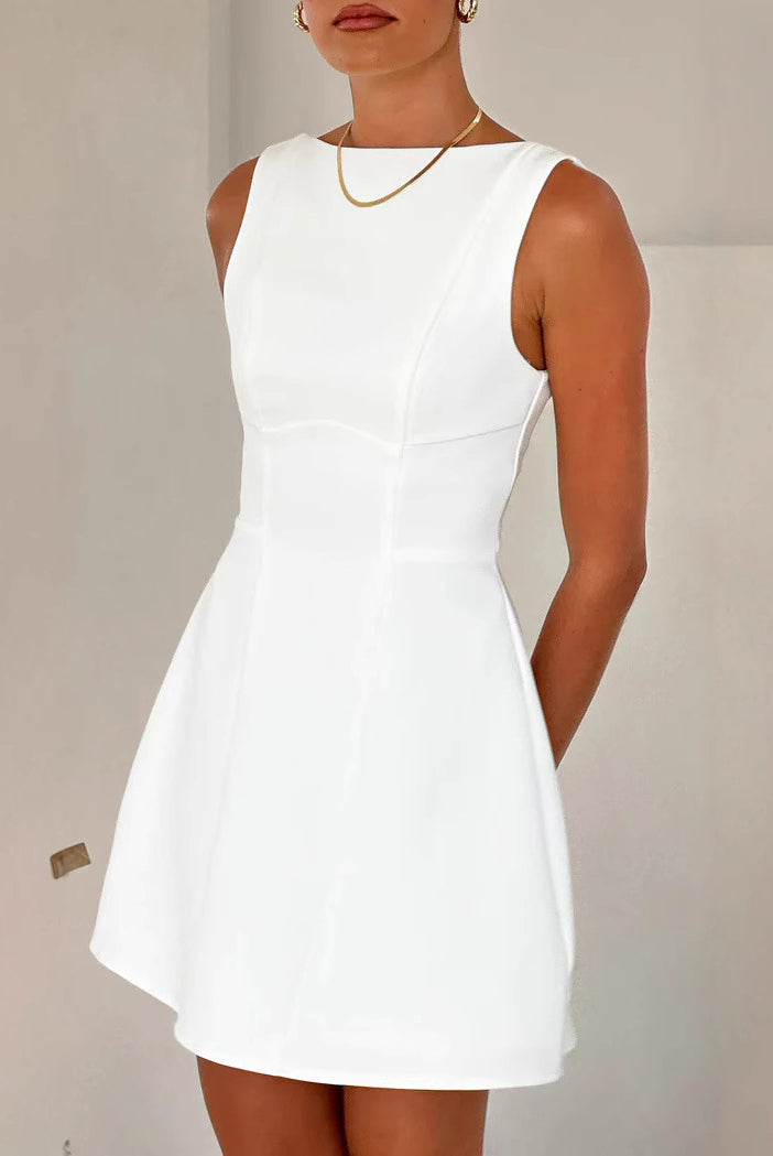 White sleeveless mini dress, part of an Elegant Turtleneck Backless Dress collection