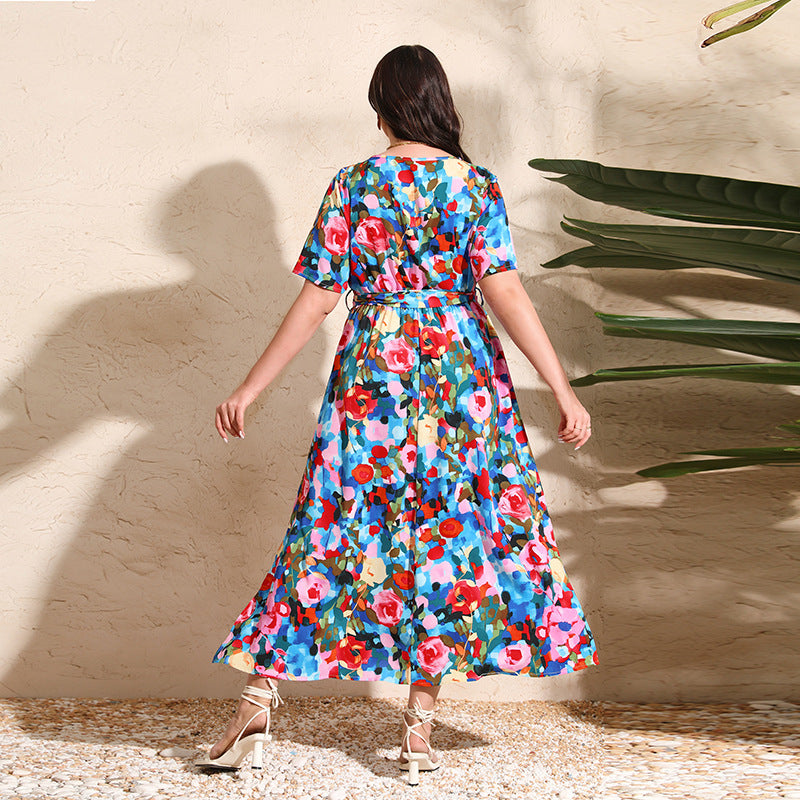 Floral print midi dress from Colorful Rose Holiday Dress featuring V neck and short sleeves