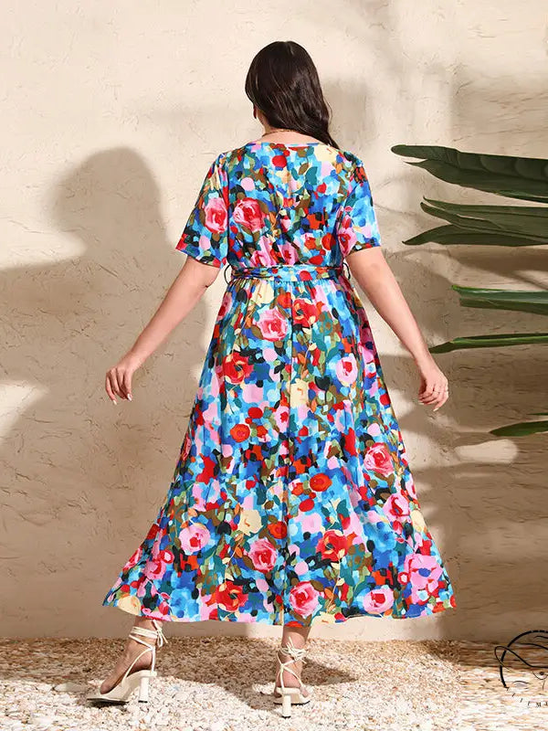 Colorful rose holiday V-neck chiffon midi dress with floral print