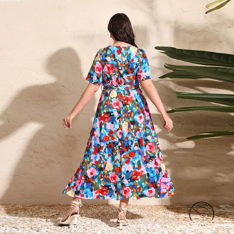 Colorful rose holiday V-neck chiffon midi dress with floral print