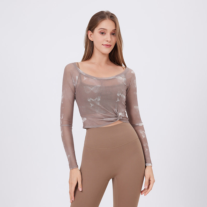 Floral Butterfly Faux Two Piece Sports t Shirt Women Long Sleeve with Chest Pad Yoga Clothes Mesh Top Quick Drying