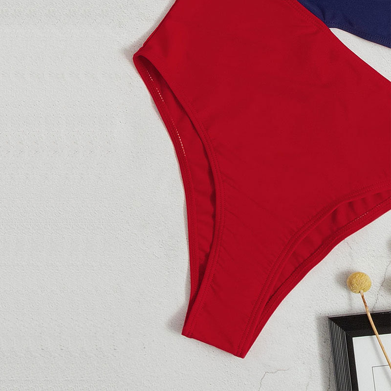 Red high-waisted swimsuit bottom with cutout design from Multicolor Boho Vacation Swimsuit