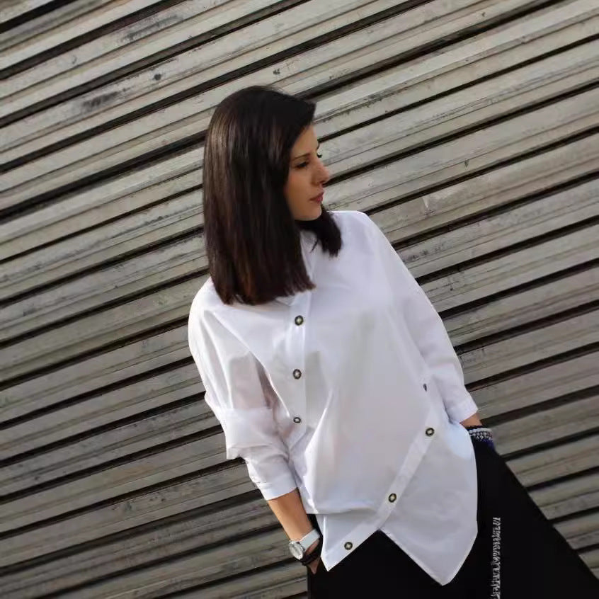 White asymmetrical button-down shirt from Casual Diagonal Collar Shirt collection, stylish ملابس for fashion enthusiasts
