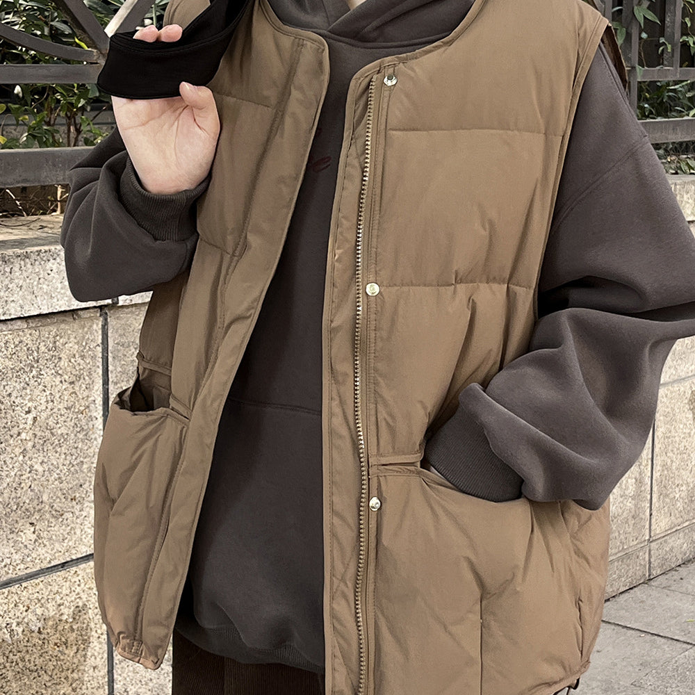 Brown puffy vest over dark gray sweatshirt in Langry Winter Korean fashion ملابس