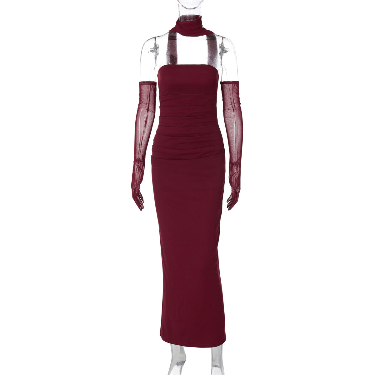 Elegant Burgundy halter neck maxi dress with sheer gloves, perfect for sophisticated fashion and ملابس occasions