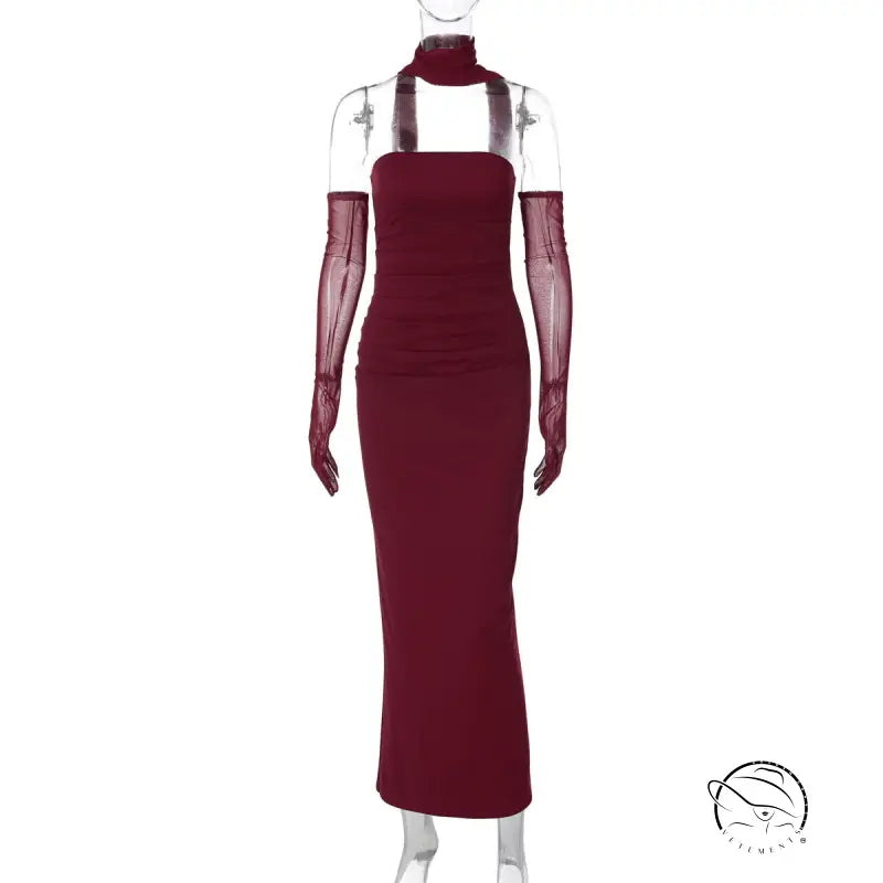 Burgundy halter neck maxi dress with sheer gloves in langry fashion