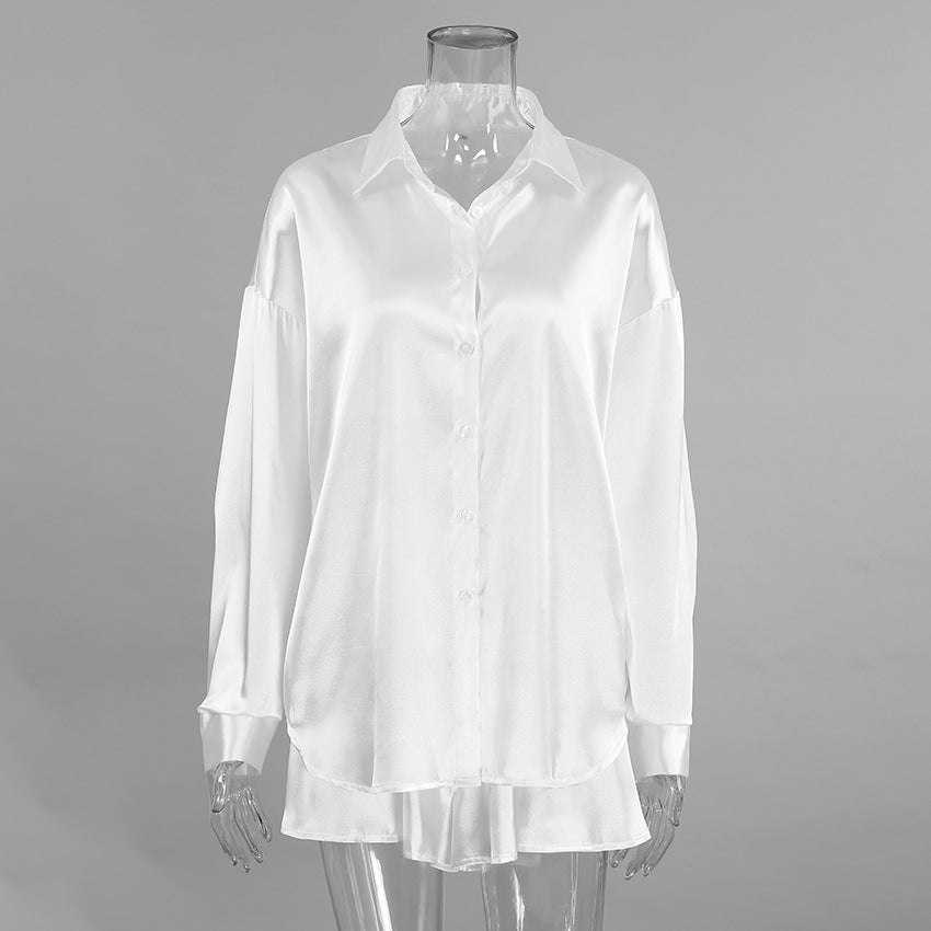 White long-sleeved satin button-up shirt from Soft Two Piece Pajamas collection