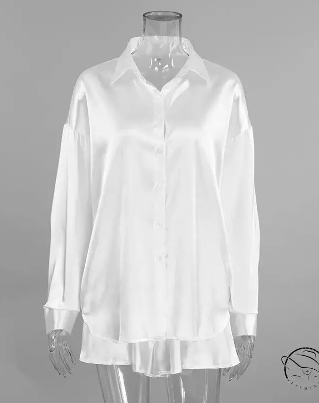 Oversized white long-sleeved satin shirt in soft two piece pajamas