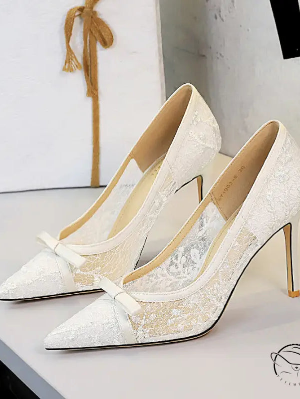 Cocktail High Heel Women Shoes Bow Sequined Lace Mesh Pointed Shallow Mouth Stiletto