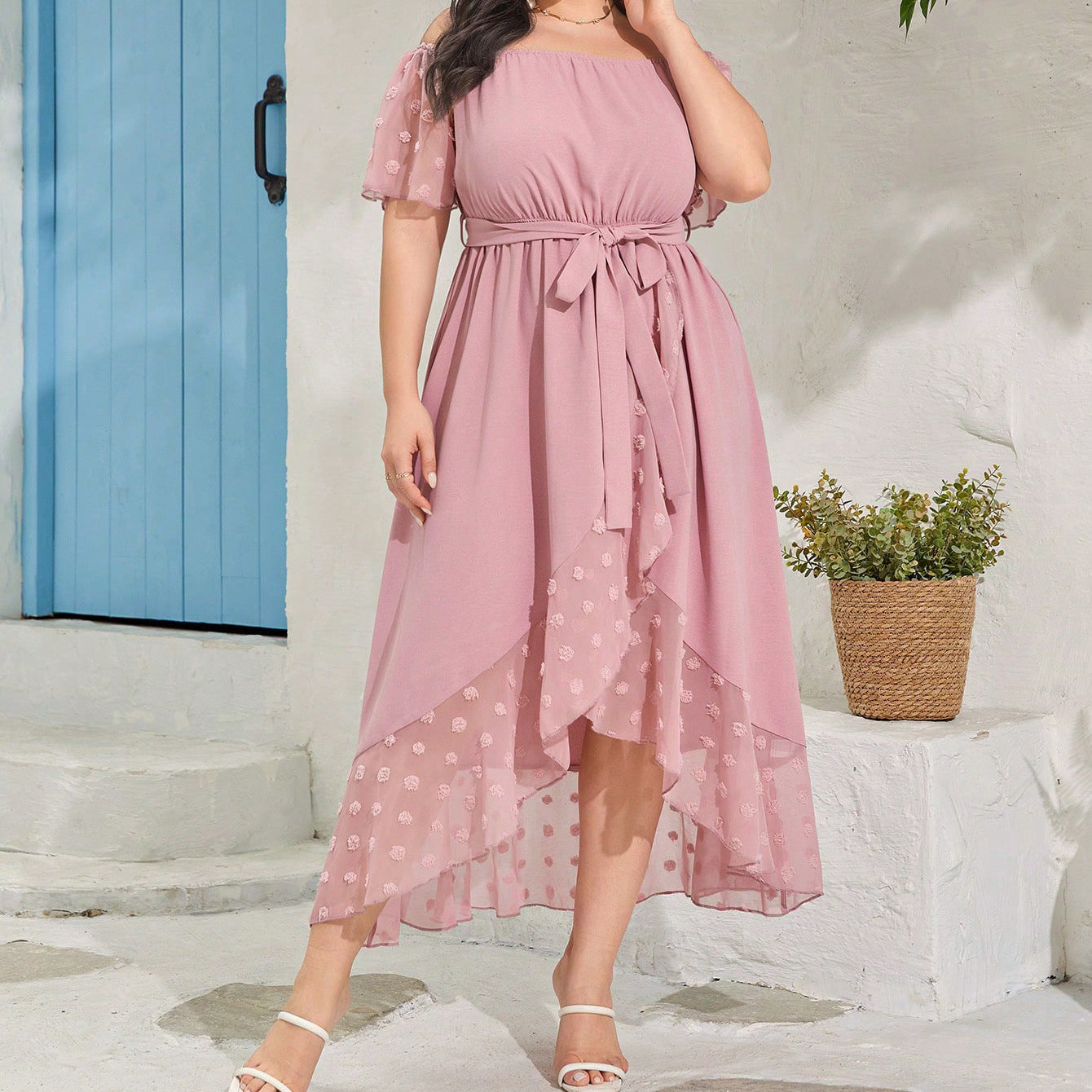 Beautiful plus-size dusty rose off-the-shoulder midi dress with ruffles and tie waist for fashion