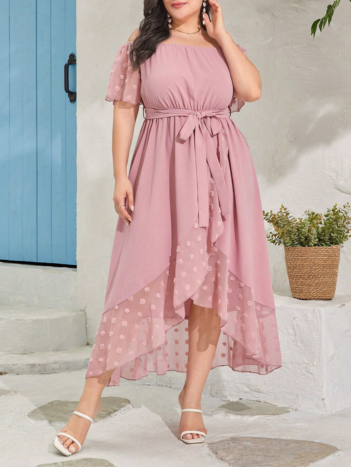 Beautiful plus-size dusty rose off-the-shoulder midi dress with ruffles and tie waist for fashion