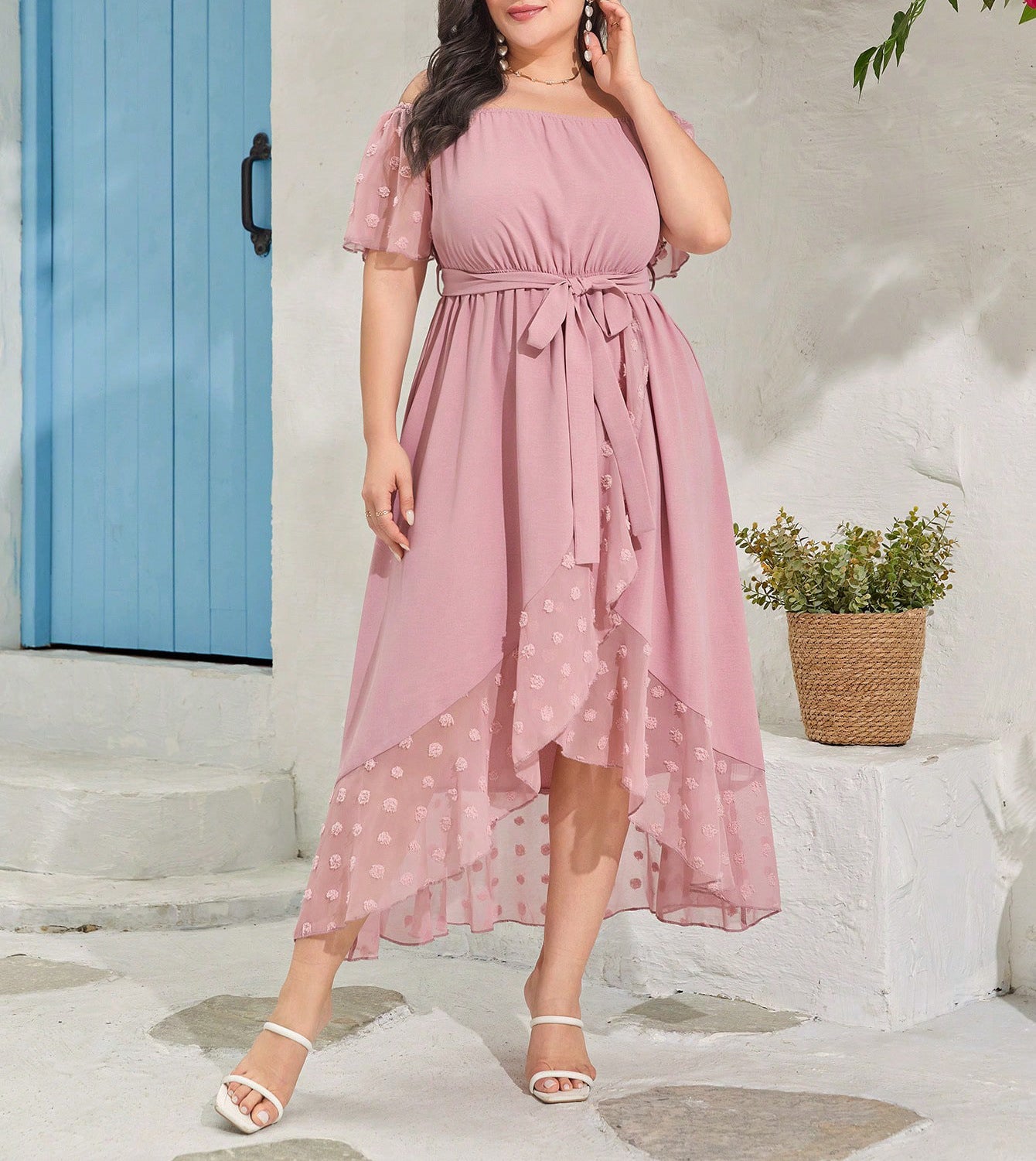 Beautiful plus-size dusty rose off-the-shoulder midi dress with ruffles and tie waist for fashion