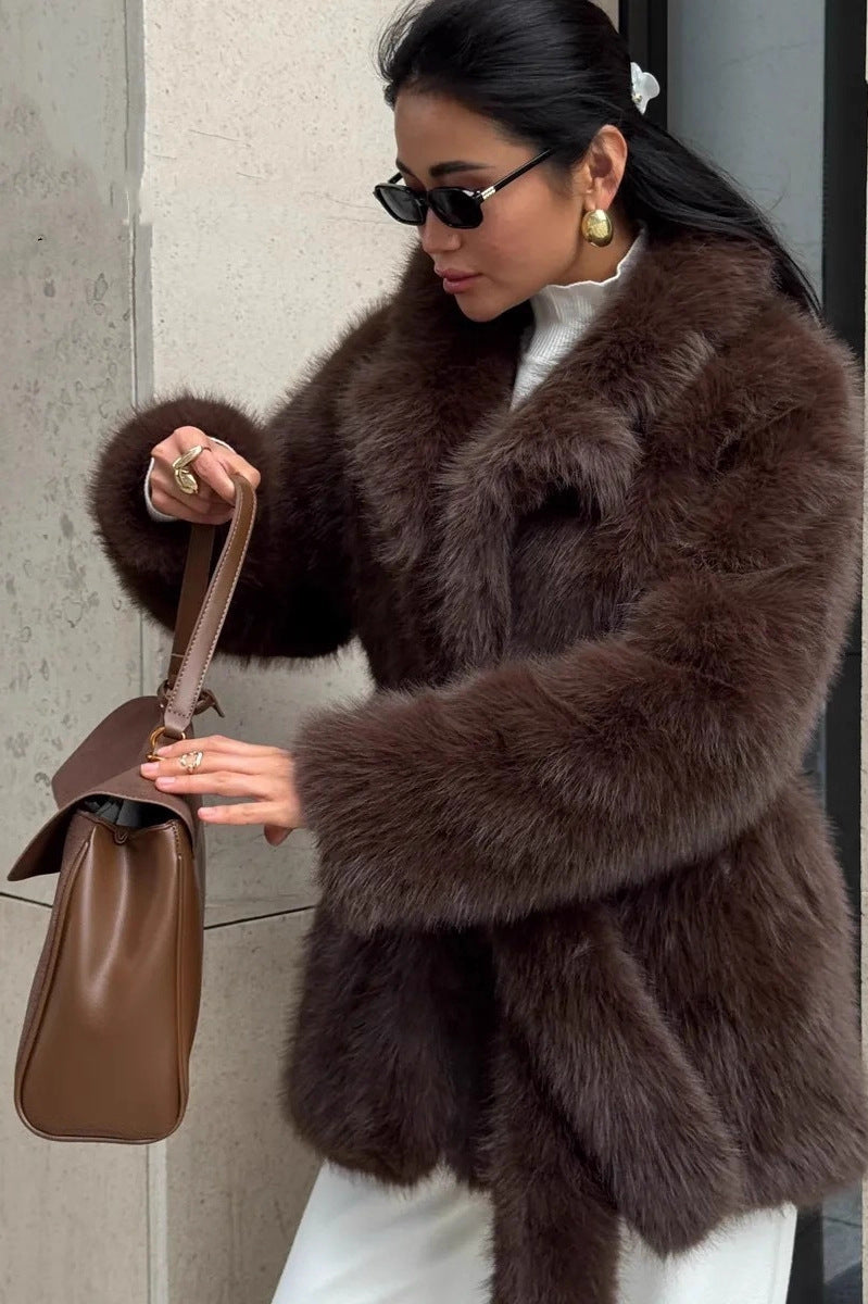 Luxury faux fur coat with belt, oversized sleeves, high collar in Langry fashion