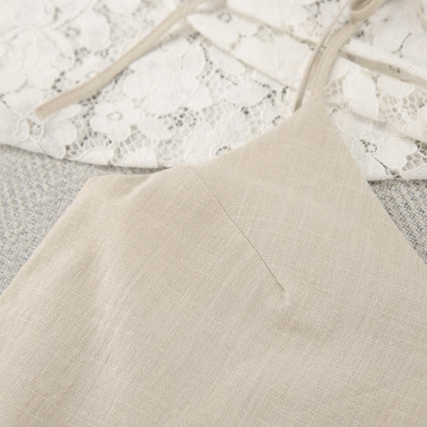 Beige linen camisole with thin straps, perfect for casual fashion and ملابس الصيف