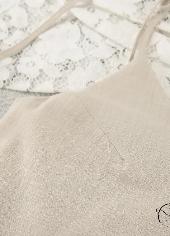 Beige linen camisole with thin straps, casual backless cotton home wear