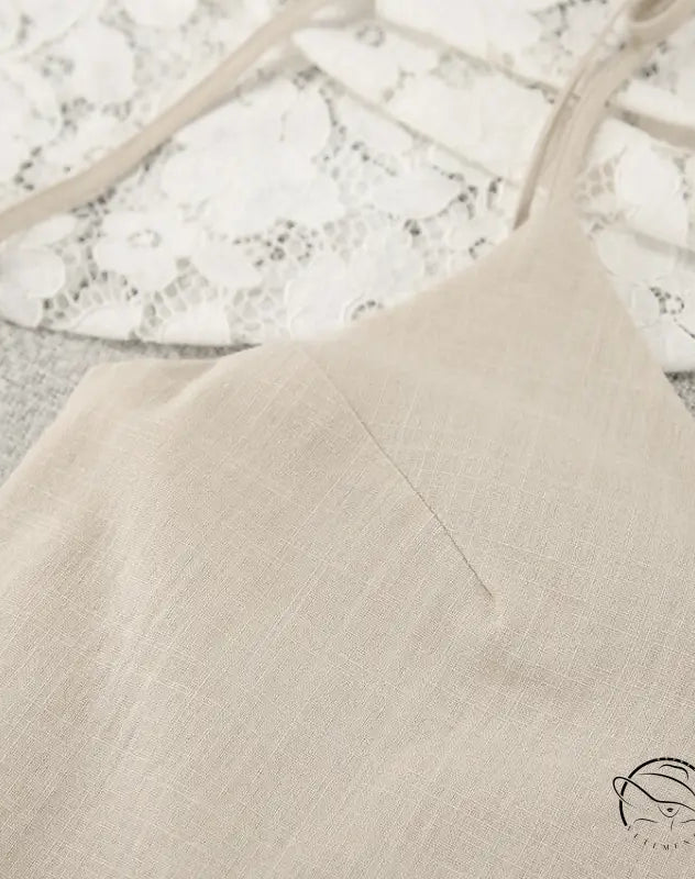Beige linen camisole with thin straps, casual backless cotton home wear