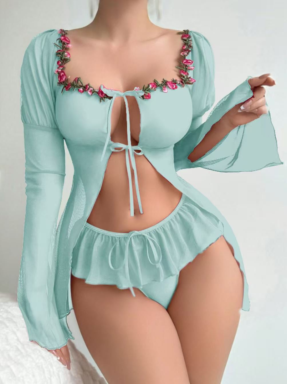 Elegant big red split skirt lingerie with light mint green sheer top and pink floral embroidery