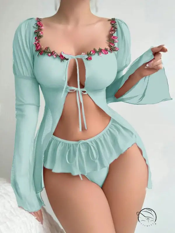 Elegant big red split skirt lingerie with mint green floral top