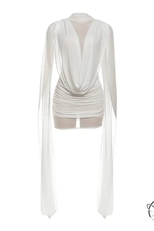 Elegant langry fashion white draped cardigan with deep v-neck and long sleeves in mesh ribbon hip wrapped dress