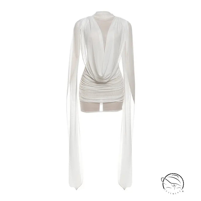 Elegant langry fashion white draped cardigan with deep v-neck and long sleeves in mesh ribbon hip wrapped dress