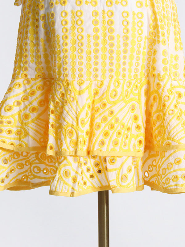 Yellow eyelet lace Summer Machine Embroidery dress with ruffles, a perfect fashion choice