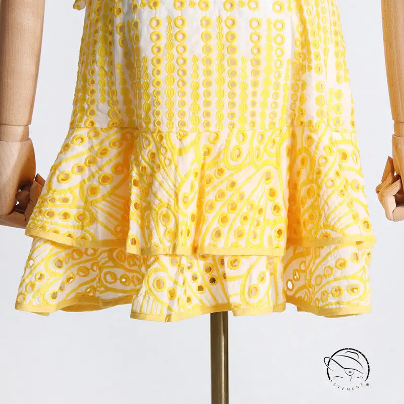 Yellow eyelet lace summer machine embroidery dress with waist slimming ruffle skirt