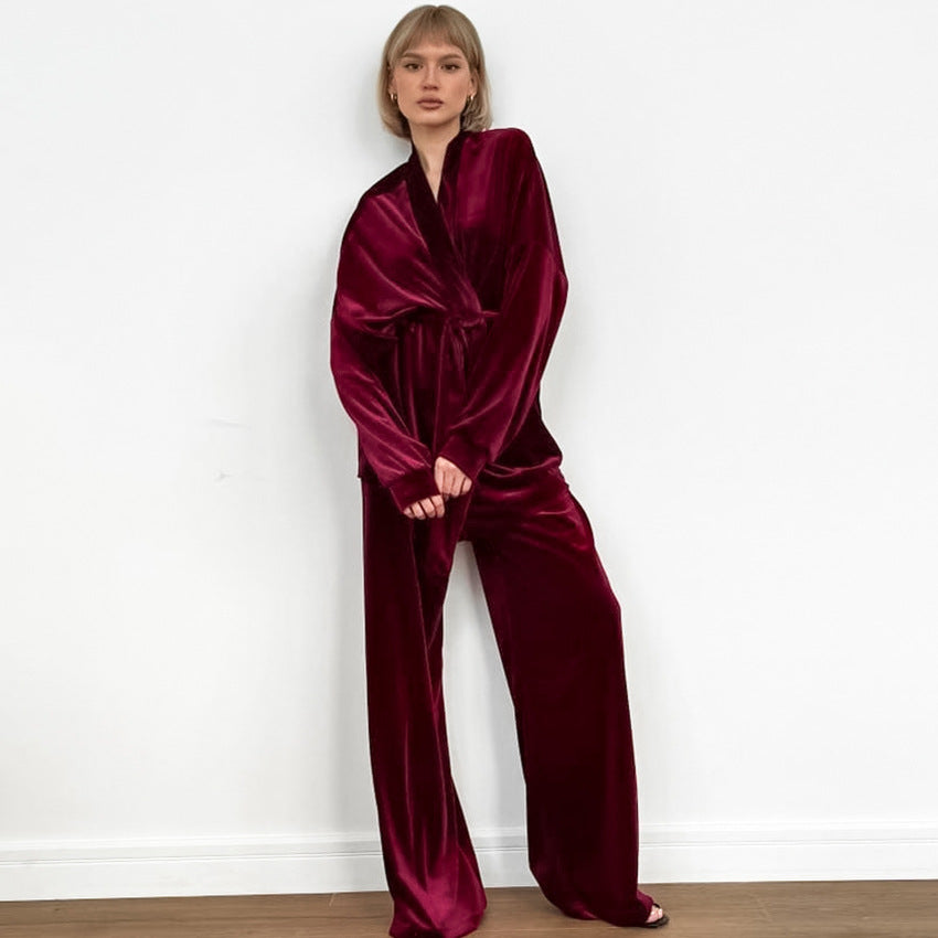 Women’s burgundy velvet robe and palazzo pants set from Comfortable Cardigan Thermal Pajamas