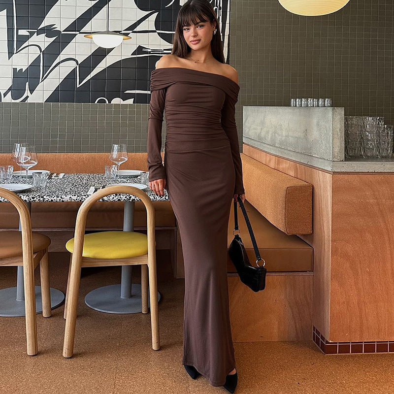 Brown off-the-shoulder maxi dress from Beautiful Slim Fit Dress, perfect for elegant fashion wear