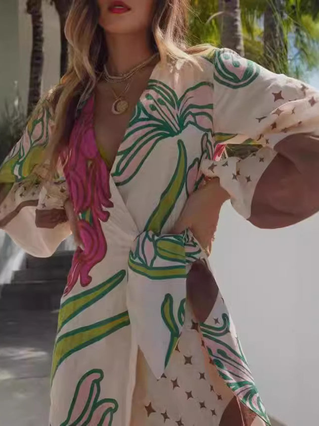 Long Sleeve Holiday Floral Print Cardigan Lace Up Dress Women