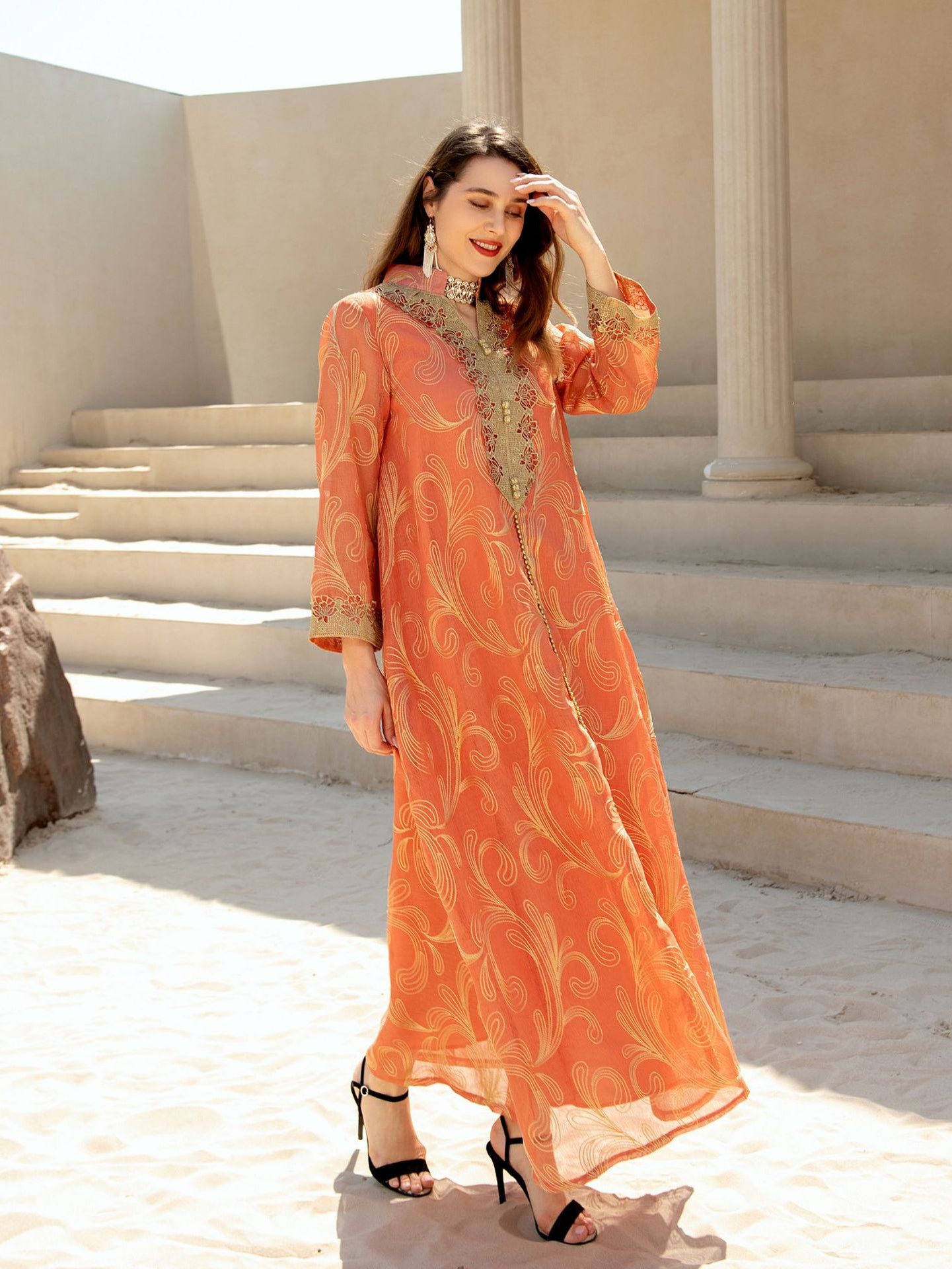 Orange embroidered langry fashion dress with bell sleeves