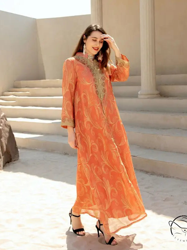 Enchanting Middle East langry fashion dress in orange embroidery, bell sleeves, high neckline