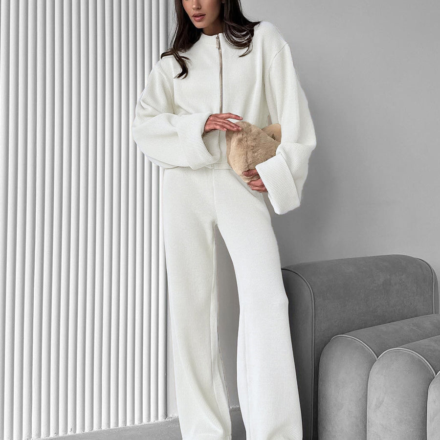 Enchanting white fluffy knitted langry fashion set with wide sleeves and pants