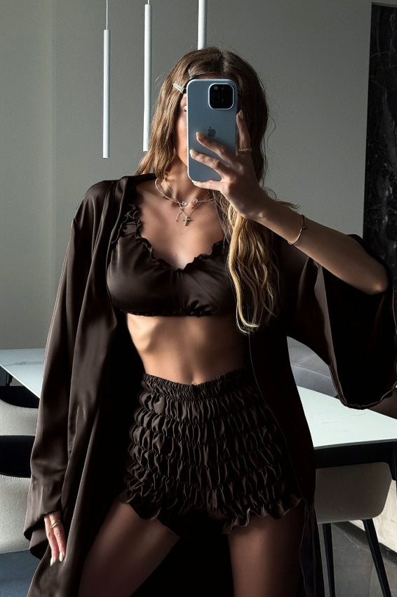 Pleated satin black lace trim robe, shorts, bralette set by Langry fashion