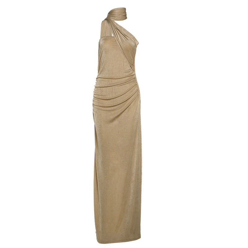 Elegant one-shoulder draped maxi dress showcasing luxurious fashion and style