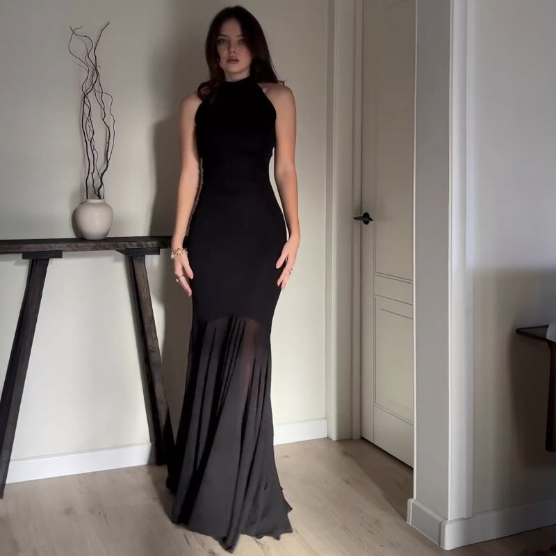 Elegant Black Mesh Dress featuring a sophisticated black halter gown for fashionable events