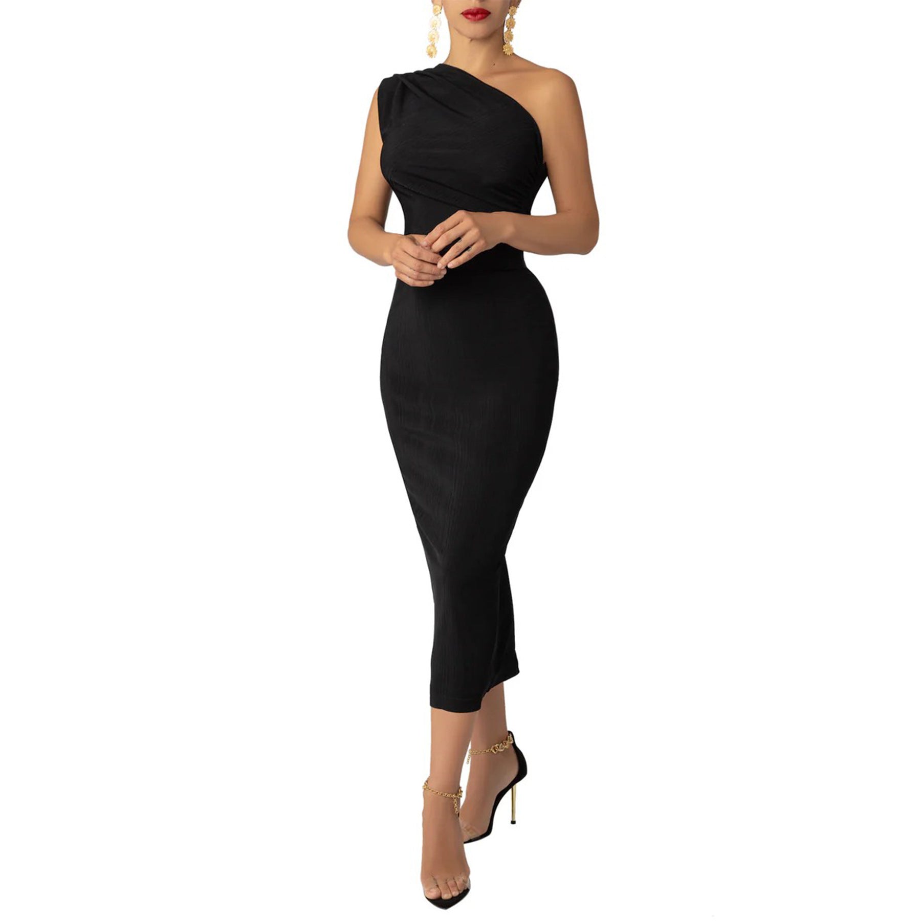 Elegant langry fashion one-shoulder black midi dress with ruching