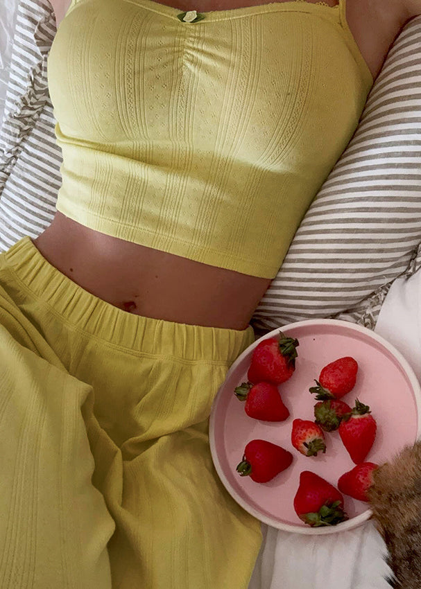 Yellow textured crop top with button detail in Langry fashion pajamas set
