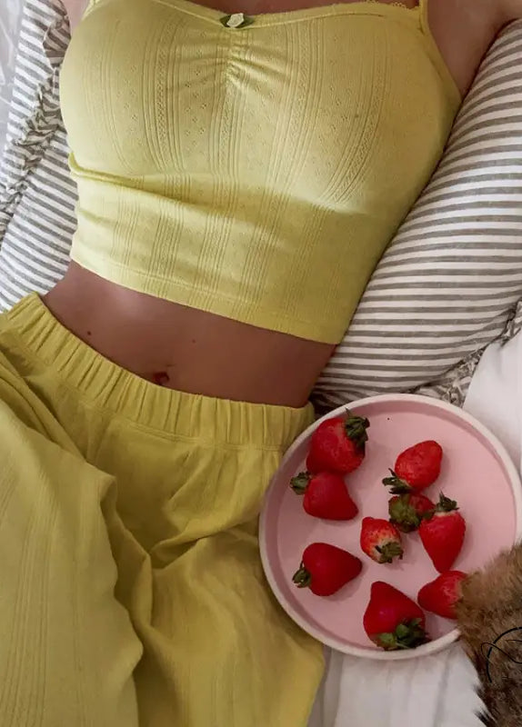 Yellow textured langry fashion crop top in pajamas set