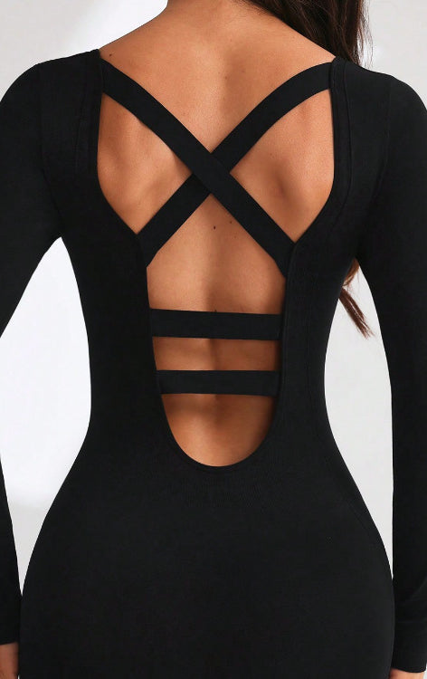 Black langry fashion ملابس: crisscross back long-sleeved yoga bodysuit