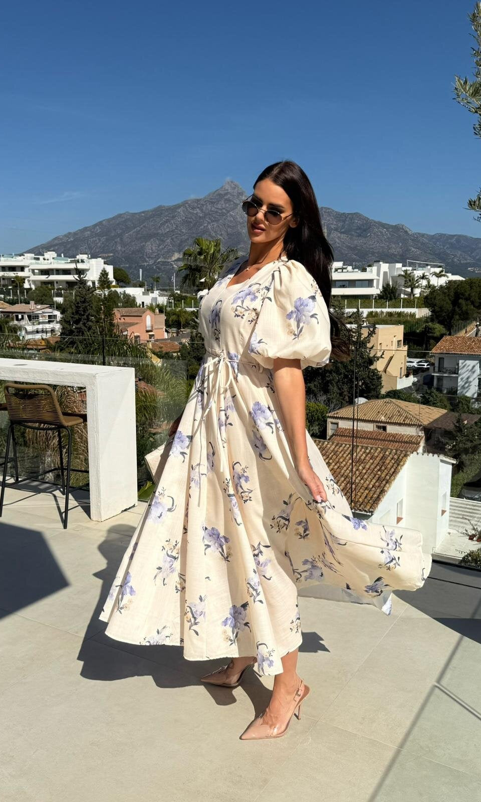 Floral puff sleeve midi dress from Enchanting collection showcasing elegant langry fashion