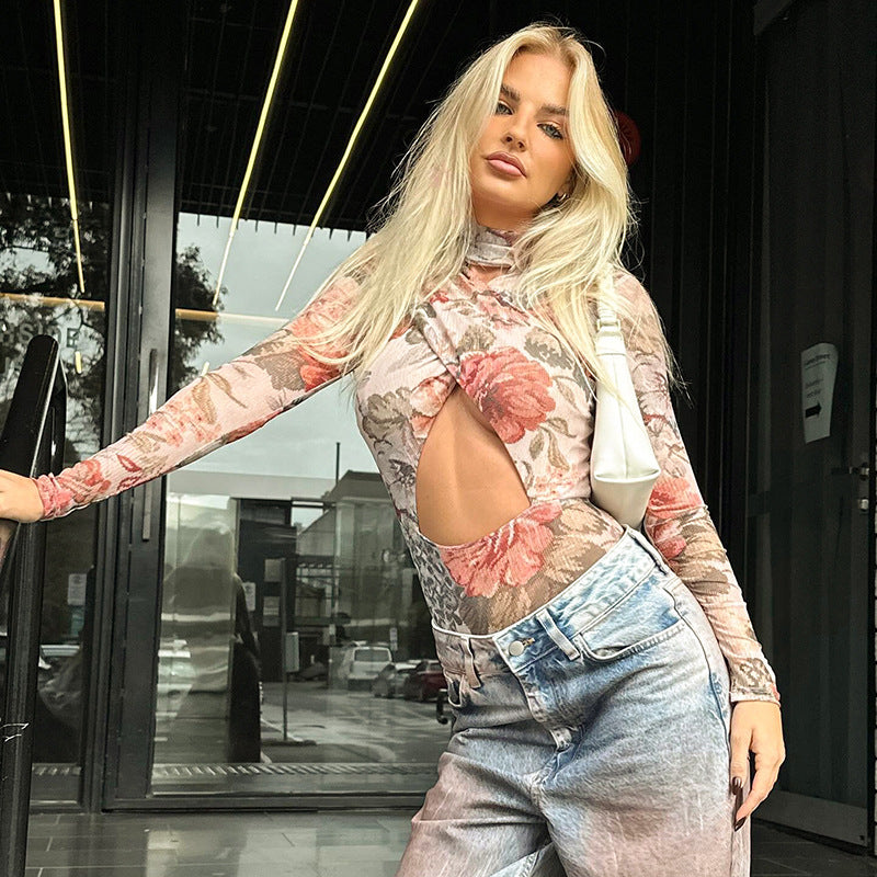 Floral-patterned cutout bodysuit in fashionable couture for stylish ملابس and langry fashion