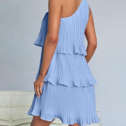 Light blue layered stitching hem pleated sleeveless dress with a stunning shoulder design